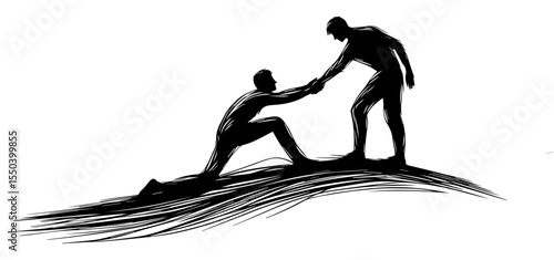A black and white silhouette of a man who extends his hand to another person helping him get to his feet on a white isolated background. Vector graphics. EPS.