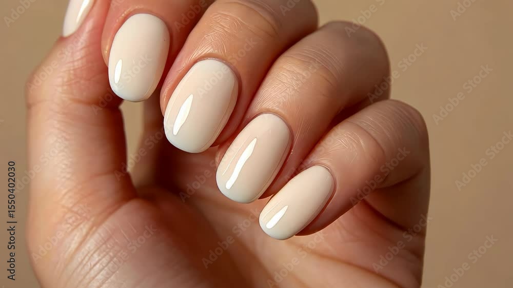 Elegant Ivory Manicure: A close-up shot showcases a hand with meticulously manicured nails, painted in a subtle, sophisticated ivory hue that exudes refined beauty. Elegant Ivory Manicure: A close-up shot showcases a hand with meticulously manicured nails, painted in a subtle, sophisticated ivory hue that exudes refined beauty.