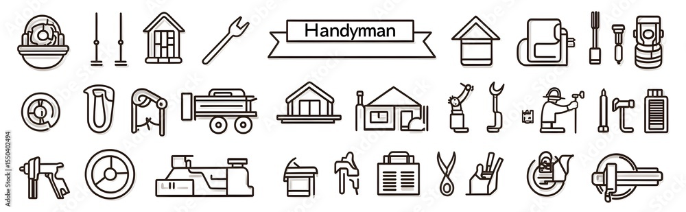 Minimal icons in black lines on white, showing handyman gear like battery, plan, dolly, pliers, and tools.
Minimal icons in black lines on white, showing handyman gear like battery, plan, dolly, pliers, and tools.
