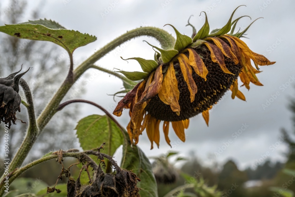 Obraz premium Decaying sunflower with drooping head, blackened petals.