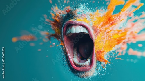 A vivid explosion of color surrounding a mouth screaming, representing the intense expression of feelings and the power of human emotions through art.