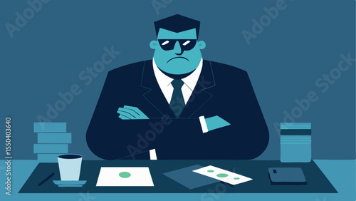 Commanding Gesture The crime boss stands with arms crossed leaning over a desk tered with cash and blueprints as a nervous associate takes notes.