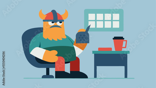 Break Time Frustration The Viking warrior is pictured during a break leaning back in his office chair with a sigh. His armor is partially visible beneath his wrinkled dress shirt.