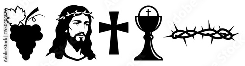 black vector icons of christian religious symbols including jesus