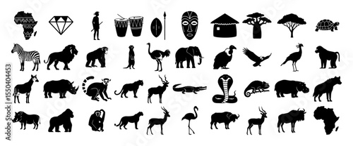 vector set of african animals and tribal symbols in monochrome style