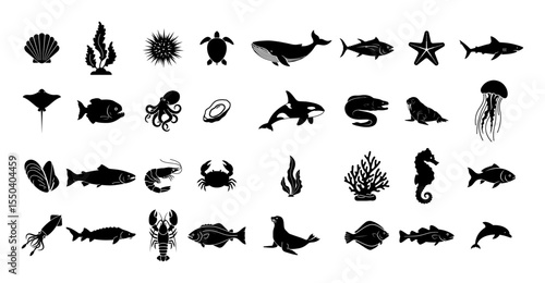 vector set of sea animals and ocean life in monochrome style
