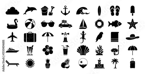 summer and vacation icon set with beach and travel symbols