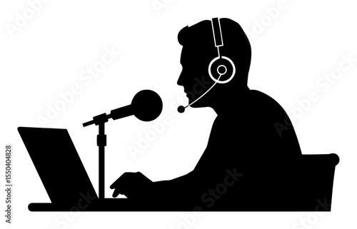 man recording podcast with microphone and laptop vector