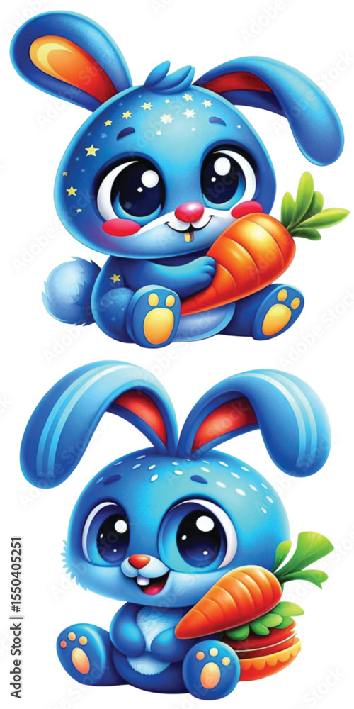 Fototapeta premium Cartoon blue bunny holding carrot and smiling with playful expression 