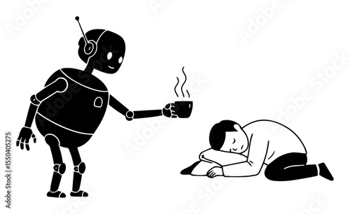 robot serving coffee to tired man in ai assistance scene