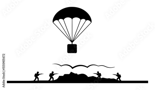 parachute delivery landing on battlefield with soldiers
