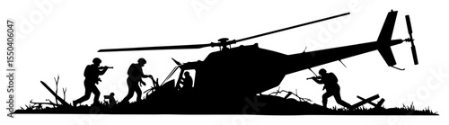 soldiers disembarking from helicopter in battlefield