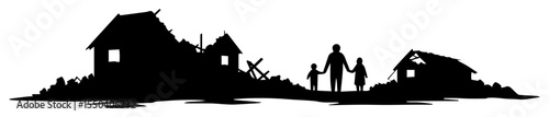 family walking among ruins of destroyed village