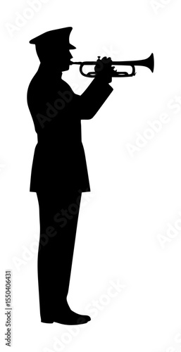 military bugler playing trumpet in ceremonial pose