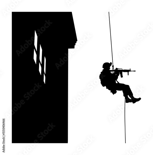 special forces soldier rappelling down building