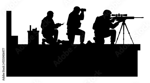 sniper team aiming from rooftop in tactical position