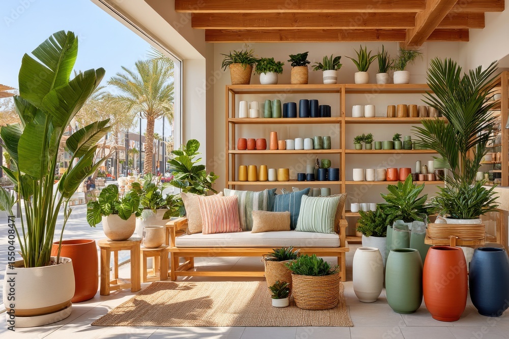 Fototapeta premium Colorful outdoor retail space showcasing ceramic pots and decorative plants.