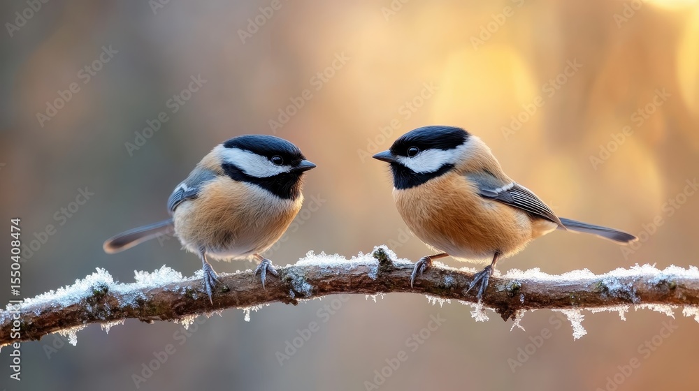 Obraz premium A pair of beautiful birds perched closely on a frosted branch, capturing a serene moment of companionship in nature, showcasing delicate details against a soft, blurred background.