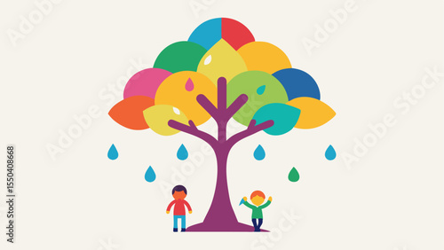 Colorful Refuge Illustrate a vibrant tree with enormous brightly colored umbrella leaves spreading out above. Underneath families with children are playing in puddles clearly