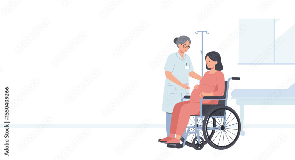 Illustration of a Pregnant Woman in a Wheelchair Being Assisted by a Nurse for Maternal Health Awareness and Support for High-Risk Pregnancies Illustration of a Pregnant Woman in a Wheelchair Being Assisted by a Nurse for Maternal Health Awareness and Support for High-Risk Pregnancies
