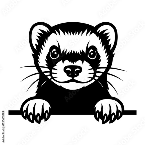 A curious ferret peering over a surface, rendered in a clean, modern illustration, captivates with its sleek black and white design. The image shows a clean graphic representing curiosity.