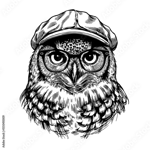 An intelligent owl with glasses and a cap, embodies wisdom, sophistication, and intellectualism, perfect for designs that call for a touch of academia and learning.