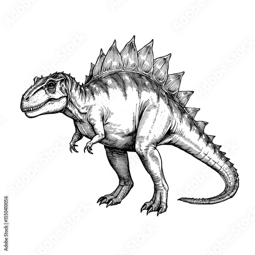 An intricately sketched image of a magnificent Stegosaurus, the iconic dinosaur of the Jurassic period. A detailed monochrome line art portrays this prehistoric giant. vector illustration