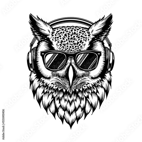 A stylish owl, adorned with headphones and sunglasses, exudes a sense of coolness and musical flair. This monochrome illustration captures the essence of contemporary design with a unique avian twist.