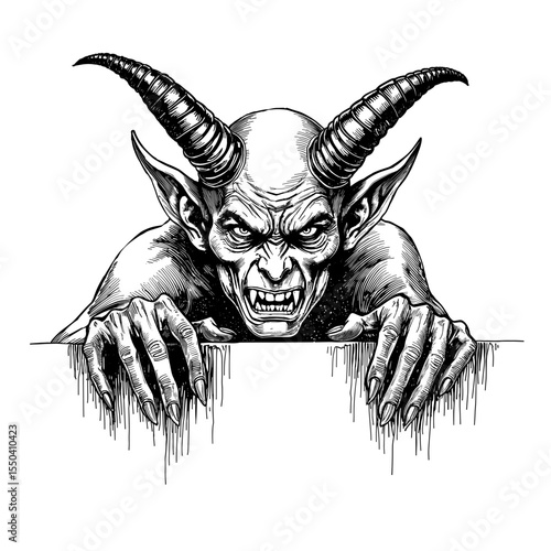 An illustration captures a fearsome demon with sharp teeth, menacing eyes, and imposing horns, emerging from shadows. vector illustration