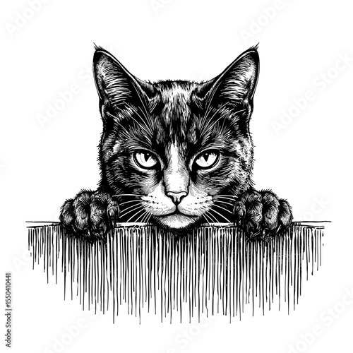 A captivating black cat peering over a surface, rendered in a detailed, artistic black and white vector illustration