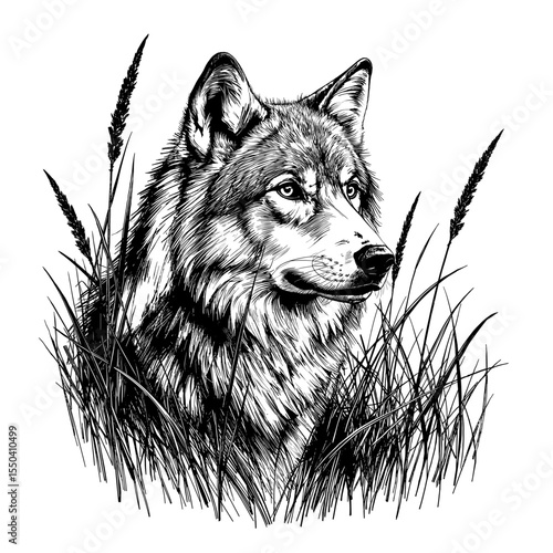An intricate black and white illustration captures the essence of a lone wolf, peering through tall grass, with a keen gaze and detailed fur texture.