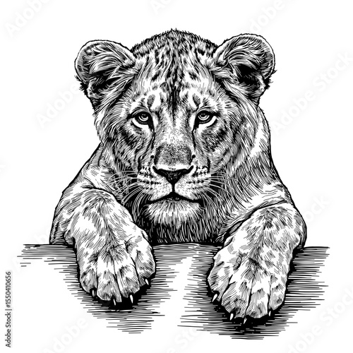 Lion cub peering over a surface, monochrome illustration.