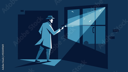 Flashlight Beam A detective using a flashlight to examine the inside of the room through the broken window casting a beam of light into the darkness.
