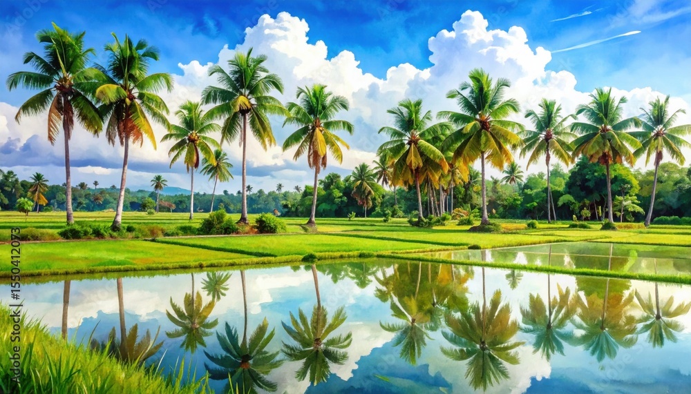 Fototapeta premium A tropical rice field with palm trees reflecting in the water symbolizing harmony, agriculture, and the serenity of rural island life