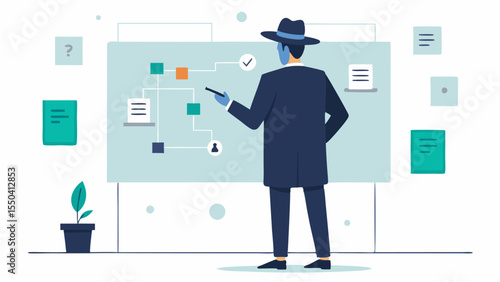 Connecting the Dots on a Whiteboard At an office space the detective stands before a whiteboard covered in clues and connections using a marker to add new information.