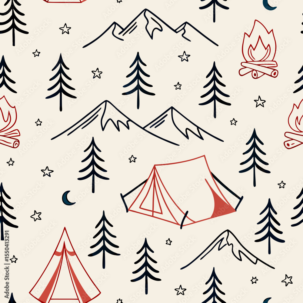 Camping Pattern: Mountains, Trees, Tent, Campfire Line Art Camping Pattern: Mountains, Trees, Tent, Campfire Line Art