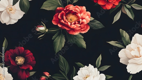 Dark Floral Seamless Pattern Red White Peonies Roses Botanical