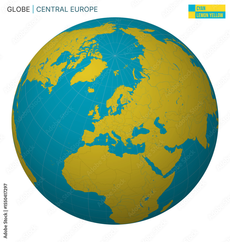 Naklejka premium Vector globe centered on Central Europe. Features a cyan, lemon, and yellow palette. Includes world map with meridians, parallels, countries, rivers, and lakes. Captivating vector illustration.