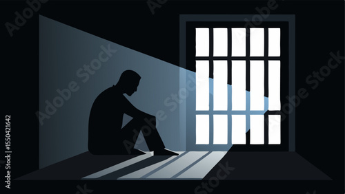 A silhouette of the prisoner sitting by the barred window with light streaming in symbolizing hope and despair intertwined in their contemplation.