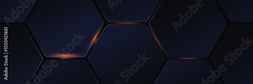 Dark hexagon abstract technology background with orange bright flashes below the hexagon. Hexagon game vector abstract technology wide banner. vector