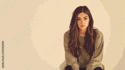 Sad Young Woman Flat Vector Illustration