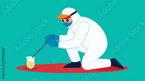 Collection of Samples An investigator carefully uses a swab to collect a sample of dried from a surface while wearing gloves for contamination prevention.