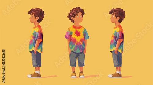 Confident Child in Colorful Tie-Dye Shirt Flat Vector Illustration