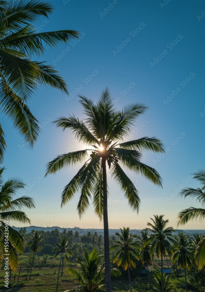 Obraz premium Silhouette of Palm Tree with Sun Shining Through Leaves