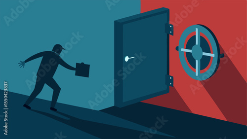 Alarm Triggered A scene showing a traditional bank vault door with an alarm symbol blinking while a shadowy figure tries to access the lock mechanism.