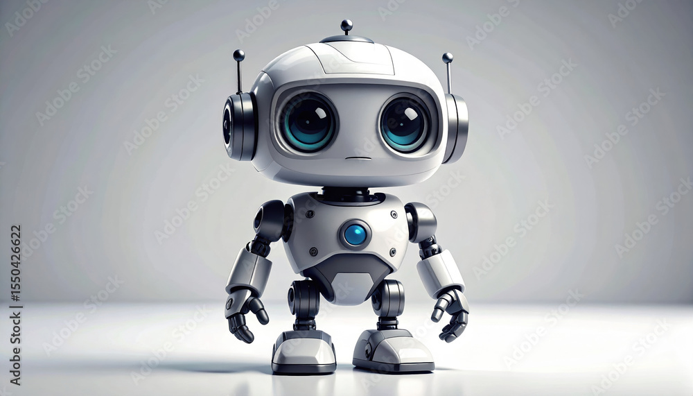 Monochrome cartoon robot with wide, apprehensive plastic eyes stands frozen in high fidelity setting, evoking sense of curiosity and wonder Monochrome cartoon robot with wide, apprehensive plastic eyes stands frozen in high fidelity setting, evoking sense of curiosity and wonder
