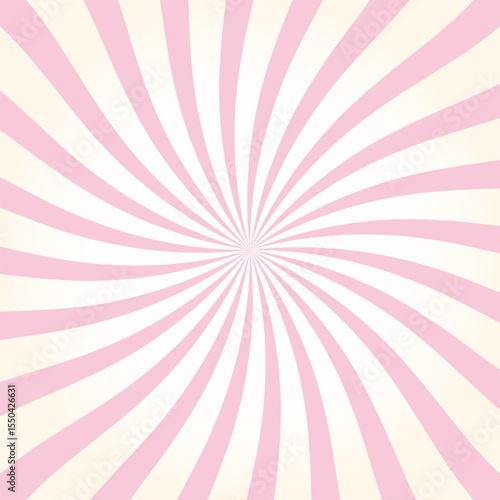 Candy color sunburst background. Swirling radial ice cream background. Swirl candy background. Radial twisted stripes, vortex effect, pinwheel pattern. Abstract pink caramel print. Vector illustration