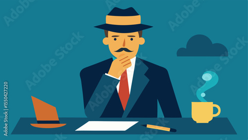 Detective with a Hat and Pipe A classic depiction of a detective with a fedora and pipe pondering over a clue while scratching his chin with tered evidence on the table.