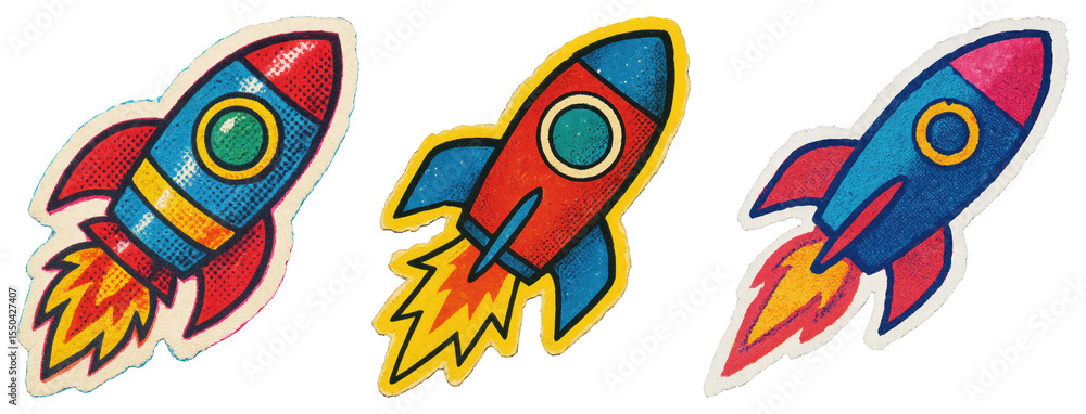 Obraz premium PNG Colorful cartoon rocket stickers, element set on transparent background