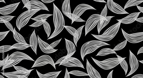 Abstract White Line Art Leaves Seamless Pattern on Black Background